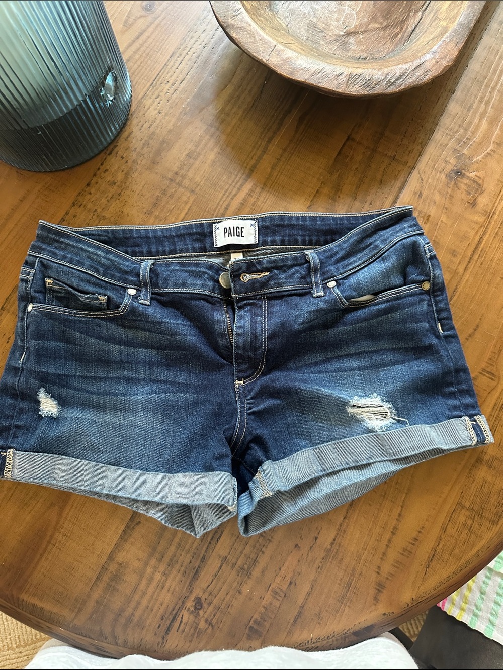 PAIGE Indigo Distressed Roll-Cuff Denim Shorts